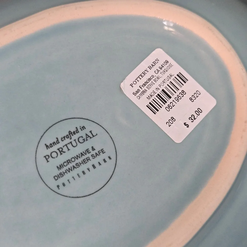 Pottery Barn Cambria Serving Bowl Turquoise 14in Oval Stoneware Portugal Coastal